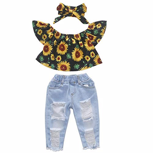 Toddler Baby Girls Ruffle Off Shoulder Sunflower Top  Ripped Hole Denim Leggings Long Jeans Pant Headband Clothes Set 2-3T Sunflower