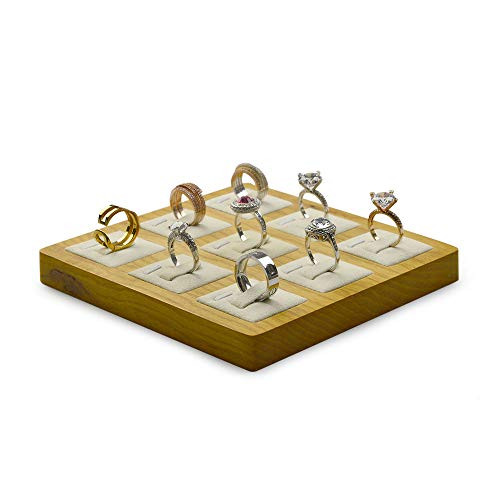 Oirlv Solid Wood Ring Display Stand Showcase Ring Display Organizer Tray 9 Bits Ring Holder Creamy-White