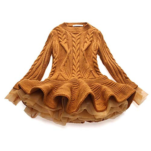 Generic Girls Ruffle Sweater Long Sleeves Tutu Dresses Long Sleeve Stitching Knitting Pullover Tops for Kids Girls Pullover Sweatshirt Brown130