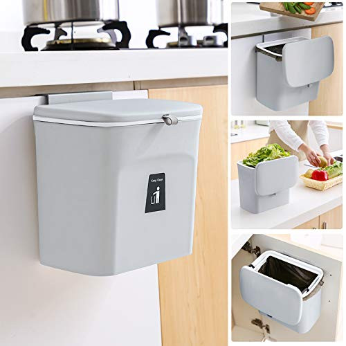 Tiyafuro1_8 Gallon Hanging Trash Can for Kitchen Cabinet Door with Lid Small Under Sink Garbage Can for Bathroom Wall Mounted Counter Waste Compost Bin Gray