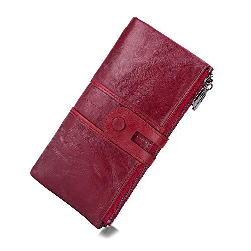 Womens RFID Blocking Genuine Leather Wallet Bifold Long Clutch Wallet Money Clips Ladies Card Holder Purse