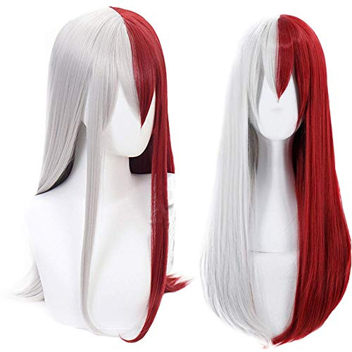Anogol Hair CapSynthetic Wigs Red Half Silver Cosplay Wig With Bangs Long Wavy Hair for Anime Costume