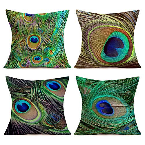 Peacock Feather Throw Pillow Covers Cotton Linen Beautiful Fullcolor Feather Aristic Decorative Pillow Covers Set of 4 Home Sofa Bed Decor Pillow Case Square Cushion Covers 18 x 18 Peacock Feather
