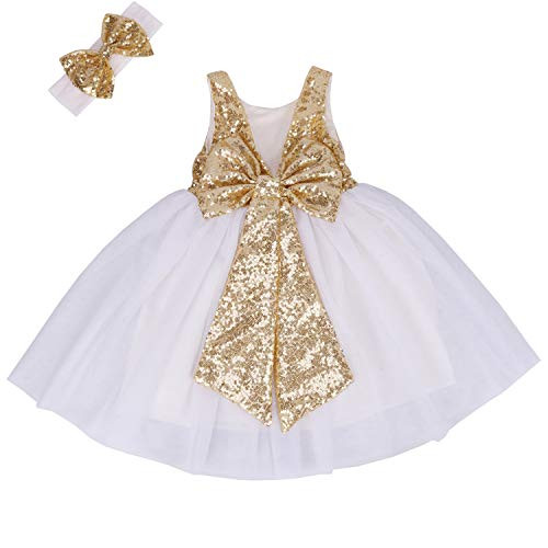 Cilucu Flower Girl Dress Baby Toddlers Sequin Dress Tutu Kids Party Dress Bridesmaid Wedding Gown Birthday Dress GoldWhite 5T-6T