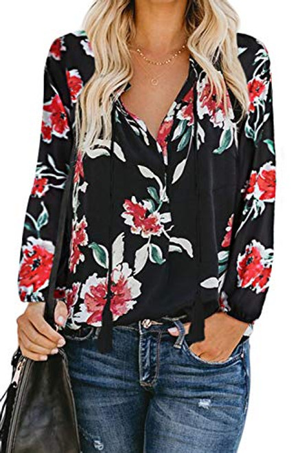 Shawhuwa Womens Casual Boho Floral Print V Neck Long Sleeve Shirts Tops Loose Blouses Floral Black L Shawhuwa Womens Casual Boho Floral Print V Neck Long Sleeve Shirts Tops Loose Blouses Floral Black L