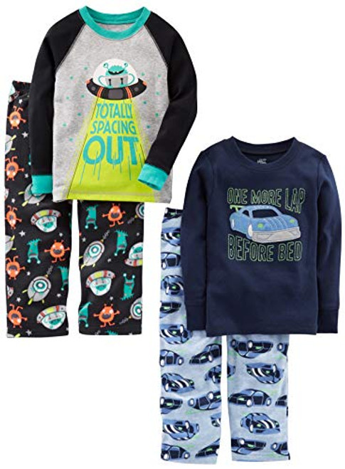 Simple Joys by Carters Boys Little Kid 4-Piece Pajama Set Cotton Top  and  Fleece Bottom Racer CarsSpace 4