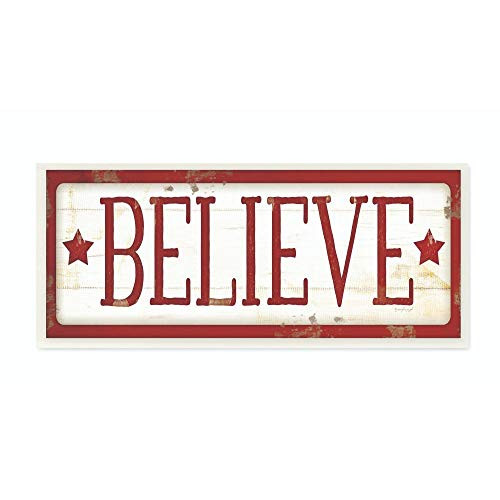 Stupell Industries Believe Sign Red Christmas Holiday Word Design Wall Plaque 7 x 17 Multi-Color