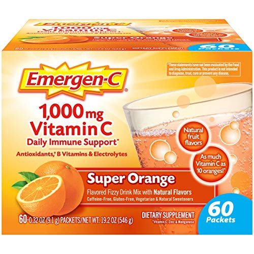 Emergen-C 1000mg Vitamin C Powder with Antioxidants B Vitamins and Electrolytes Vitamin C Supplements for Immune Support Caffeine Free Fizzy Drink Mix Super Orange Flavor - 60 Count