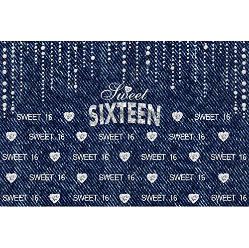 DORCEV 6x4ft Sweet Sixteen Photography Backdrop 16th Birthday Party Background Denim Diamonds Luxury Love Heart Diamonds Girls Princess 16th Theme Party Banner Girls Adult Photo Studio Props