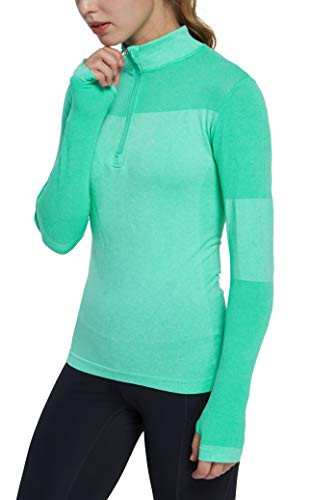 Slimour Women Quarter Zip Pullover Running Shirts Long Sleeve Activewear Tops Tight Workout Green XS