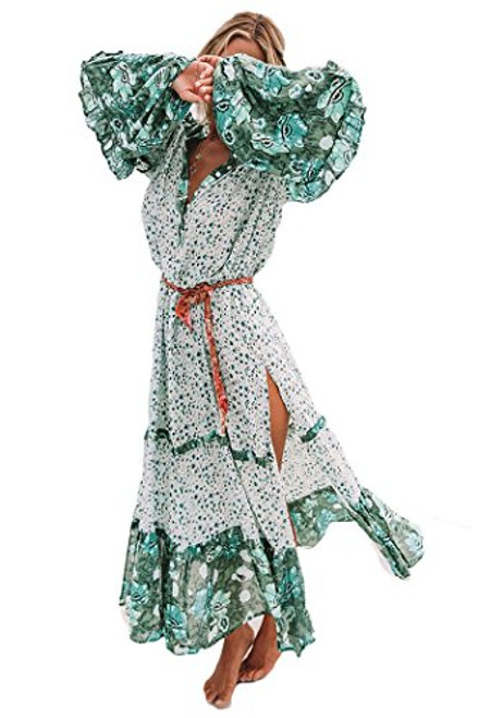 Women Floral Print Long Sleeve Boho Dress Ladies V Neck Split Evening Party Long Maxi Dresses Green Women Floral Print Long Sleeve Boho Dress Ladies V Neck Split Evening Party Long Maxi Dresses Green