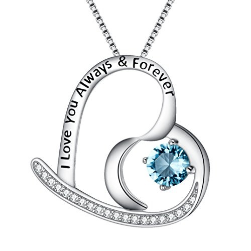 BriLove 925 Sterling Silver Heart Necklace for WomenI Love You Always  and  Forever Engraved CZ Pendant Necklace Aquamarine Color March Birthstone