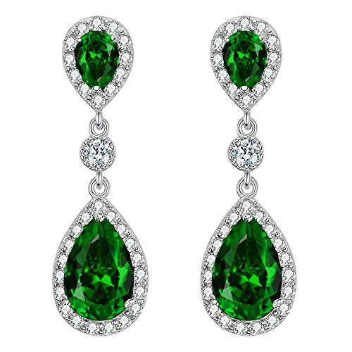EleQueen 925 Sterling Silver Full Prong Cubic Zirconia Birthstone Teardrop Bridal Dangle Earrings Emerald Color
