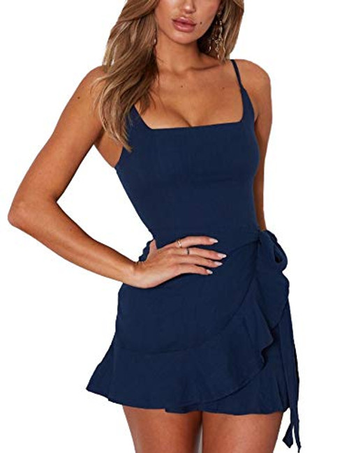 Relipop Womens Dress Spaghetti Strap Waist Tie Knot Wrap Front Ruffle Hem Short Dress Navy Blue