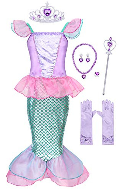 AmzBarley Princess Mermaid Costume Outfit for Girls Halloween Cosplay Dress up Kids Fancy Party Clothes Holiday Role Play with Accessories Size 108-9YearsTag 140