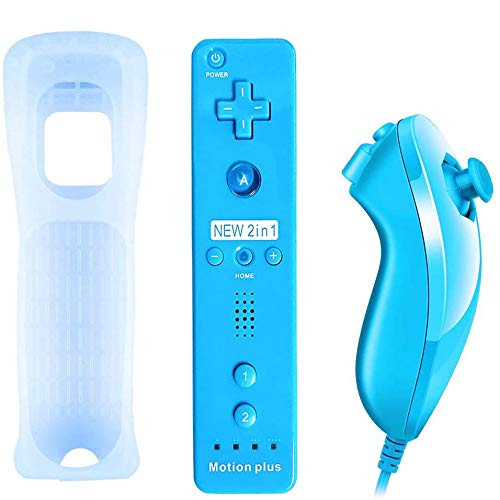 QUMOX Remote Game Control Built-in Motion Plus Remote and Nunchuk Controller with Silicon Case for Wii and Wii U Blue
