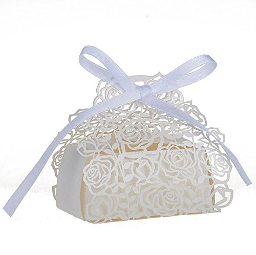 Saitec 50 Pack Laser Cut Rose Bride and Groom Candy Gift Box With Ribbon Wedding Favor Boxes Gift box Candy box (White)