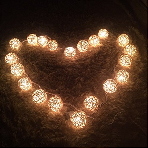 COTW Cream White Handmade Rattan Ball String Lights 20 Leds Battery Operated Warm White Indoor Decoration Wedding Fairy Lights Led Decorative String Lights For Garden Kitchen Bedroom