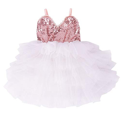 Cilucu Girls Dress Toddler Kids Party Dress Sequin Tutu Pageant Lace Dresses Gown for Flower Girl Baby Rose GoldWhite 3T-4T
