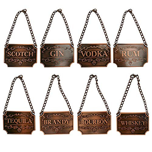 8PCS Copper Liquor Decanter TagsLabels-Whiskey Bourbon Scotch Gin Rum Vodka Tequila and Brandy and with Adjustable Chain Fits Most Bottles