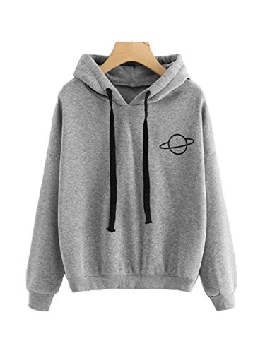 MakeMeChic Womens Casual Graphic Print Long Sleeve Drawstring Pullover Sweatshirt Top Grey Hoodie L