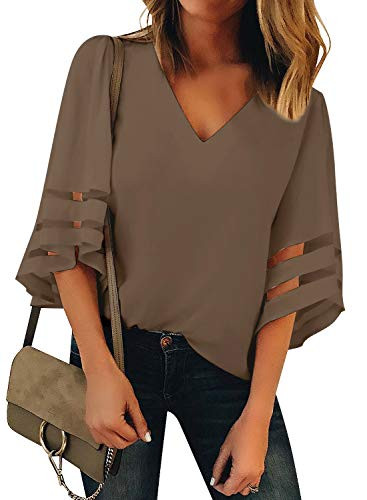 Utyful Womens Brown Casual V Neck Mesh Panel 34 Bell Sleeve Solid Loose Blouse Top Large