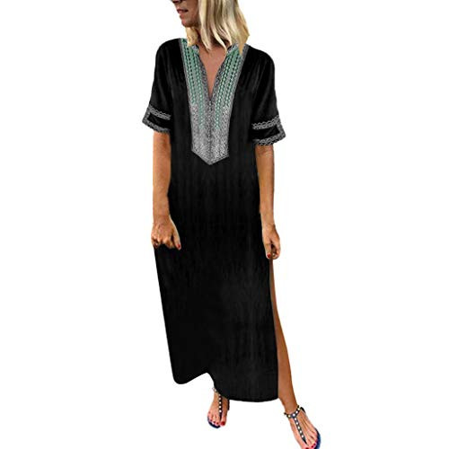HIRIRI Womens Summer Beach V Neck Split Dress Boho Printed Short Sleeve V-Neck Maxi Hem Loose Long Dress Black