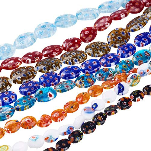 PH PandaHall 20 Strands Millefiori Lampwork Glass Beads Oval Spacer Bead for Jewelry Making 14_76~15_35