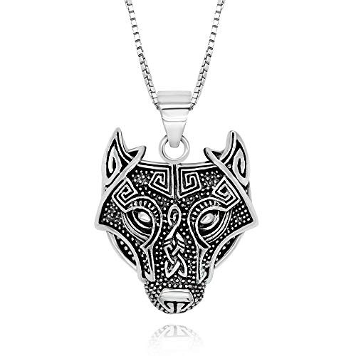 925 Sterling Silver Vikings Celtic Wolf Head Pendant Necklace 18 for Woman Teen