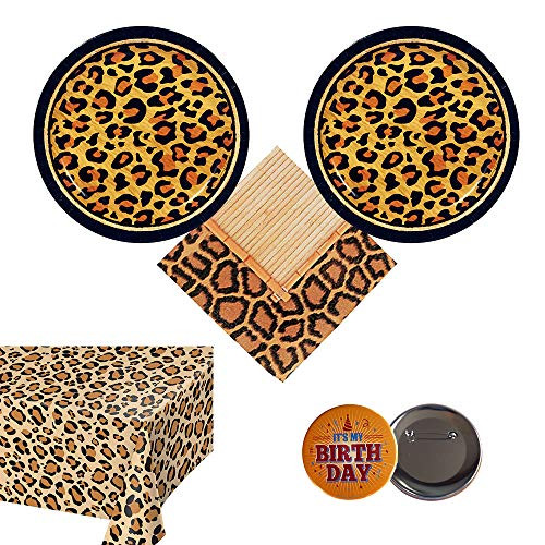 RazzleDazzleCelebrations Cheetah Leopard Party Supplies for 16 Guests - Small Plates, Napkins, tablecover, Button