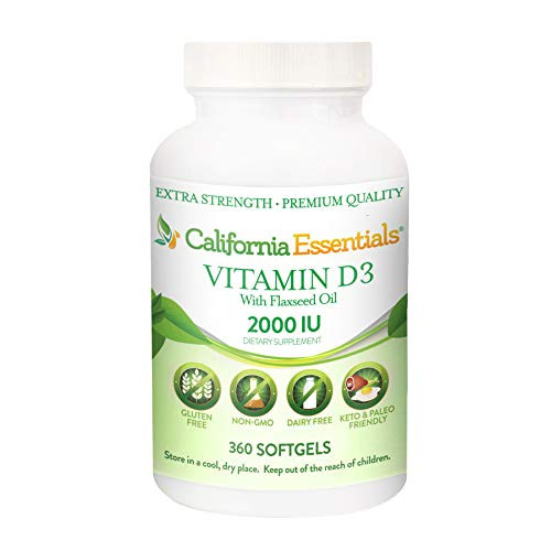 Vitamin D3 2000iu 50mcg Enhanced with Flaxseed Oil for Better Absorption - Non-GMO  and  Gluten Free 360 Softgels