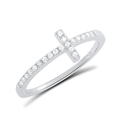 Sterling Silver Cz Thin Stackable Sideways Cross Ring - Size 11