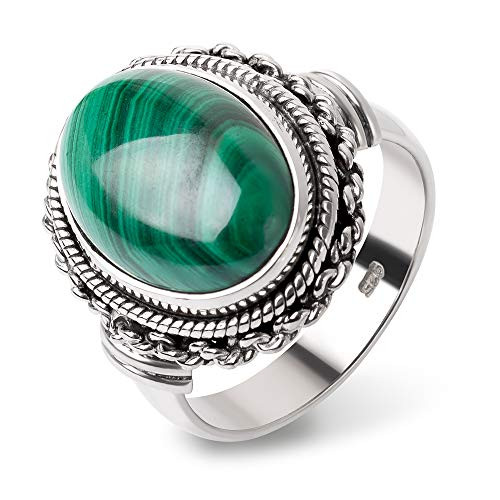 SUVANI Sterling Silver Green Malachite Gemstone Double Rope  and  Chain Edge Vintage Band Ring Size 7