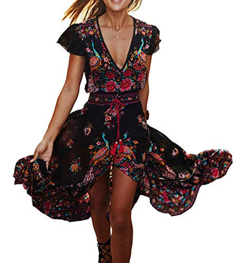 R_Vivimos Womens Summer Vintage Floral Print Deep V Neck High Low Long Dresses 2XLBlack