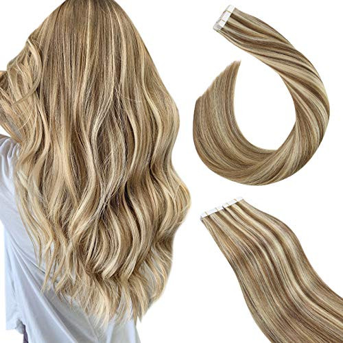 Ugeat Tape in Hair Extensions Human Hair Tape in Human Hair Extensions 12inch Remy Tape in Hair Extensions 30g 20pcs Seamless Hair Extensions Tape in Real Hair Highlighted 8 Brown with 613 Blonde