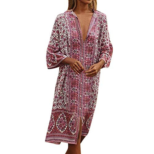 HIRIRI Womens Summer Bohemian Maxi Dresses Casual V Neck Bohemian Floral Print Split Beach Long Dress Red