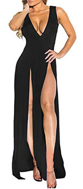 Womens Bandage Side Split V Neck Sleeveless Bodycon Clubwear Maxi Vest Dress Black XL