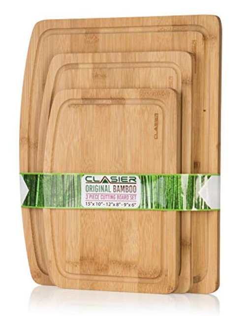 Organic Bamboo Cutting Boards for Kitchen Set of 3 - Eco-Friendly 100% Natural Bamboo Wooden Chopping Board with Juice Groove for Food Prep Meat Vegetables Fruits Crackers  and  Cheese - by Clasier