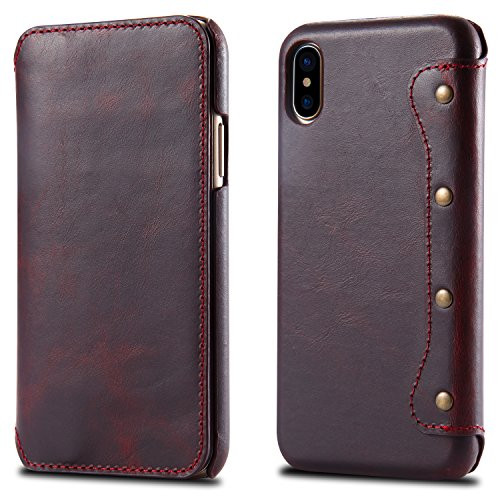 iPhone Xs Max Leather Case Reginn Waxed Leather Folio with Card Slot Cash Pocket and Stand Function Qi Charging Compatible Leather Wallet Case for iPhone Xs Max Wine Red