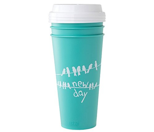 Aladdin Reusable To-Go Cups With Press Fit Lid | New Day | Aqua Bird Design | 20oz | Set of 3