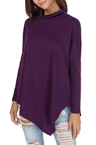 Womens Turtleneck Oversized Baggy Shirts Batwing Sleeve Pullover Tops Purple XL