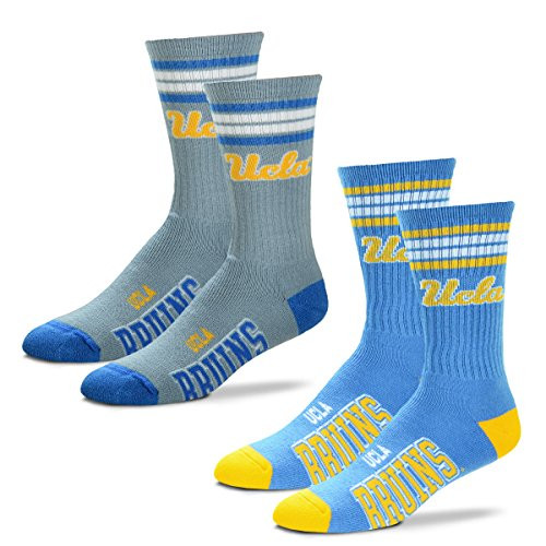 For Bare Feet Mens NCAA 2-Pack-4 Stripe Deuce Crew Socks UCLA Bruins-2 Pack-Team Color  and  Grey Medium 5-10