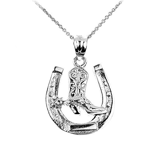 925 Sterling Silver Lucky Horseshoe with Cowboy Boot Charm Pendant Necklace 16