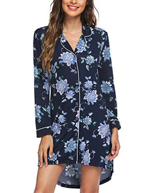 Ekouaer Pajama Dress Women Nightgowns Long Sleeve Sleep Shirts Cotton Nightshirt Button Down Nightdress M