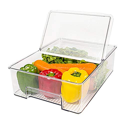 elabo Food Storage Containers Fridge Produce Saver- Stackable Refrigerator Organizer Keeper Drawers Bins Baskets with Lids and Removable Drain Tray for Veggie Berry and Fruits