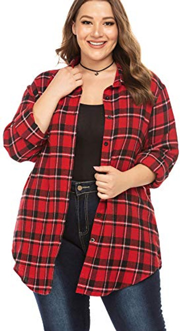 INVOLAN Womens Plus Size Flannel Plaid Shirt Roll Up Long Sleeve Mid-Long Button Down Shirts Casual Boyfriend Tops16W-24W