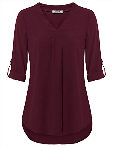 Youtalia Womens Blouses and Tops Dressy Juniors Chiffon Top Roll Sleeve V Neck Tunic Pleats Curved Hem Button Down Shirts Dark Red Large