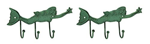 Chesapeake Bay Ltd Green Verdigris Cast Iron Swimming Mermaid Wall Hook Racks Set of 2