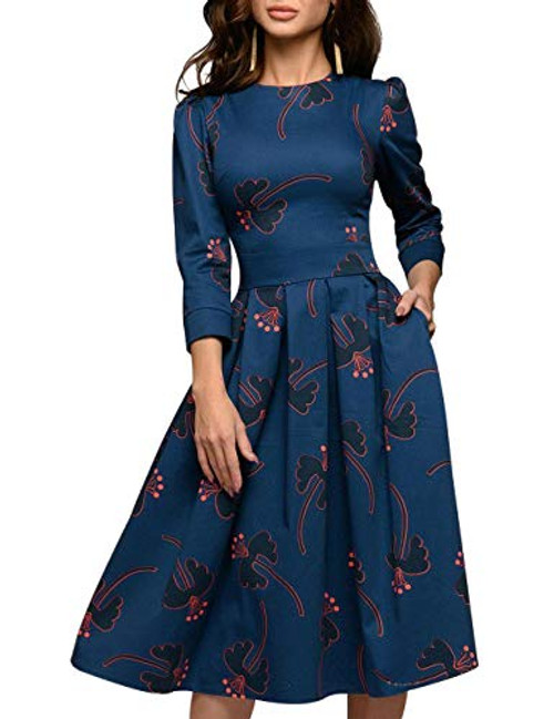 Simple Flavor Womens Floral Evening Flare Vintage Midi Dress 34 Sleeve 0658BL M