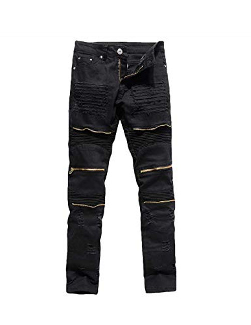 Rexcyril Mens Moto Biker Jeans Distressed Ripped Skinny Slim Fit Denim Pants with Zippers Black W32